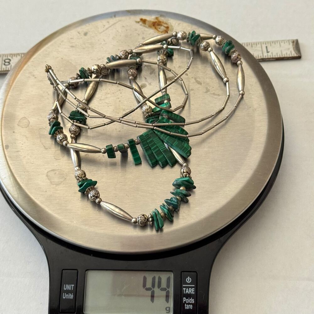 Vintage Native American Malachite Fringe Double Strand Silver Necklace 22-25”44g - Picture 8 of 13